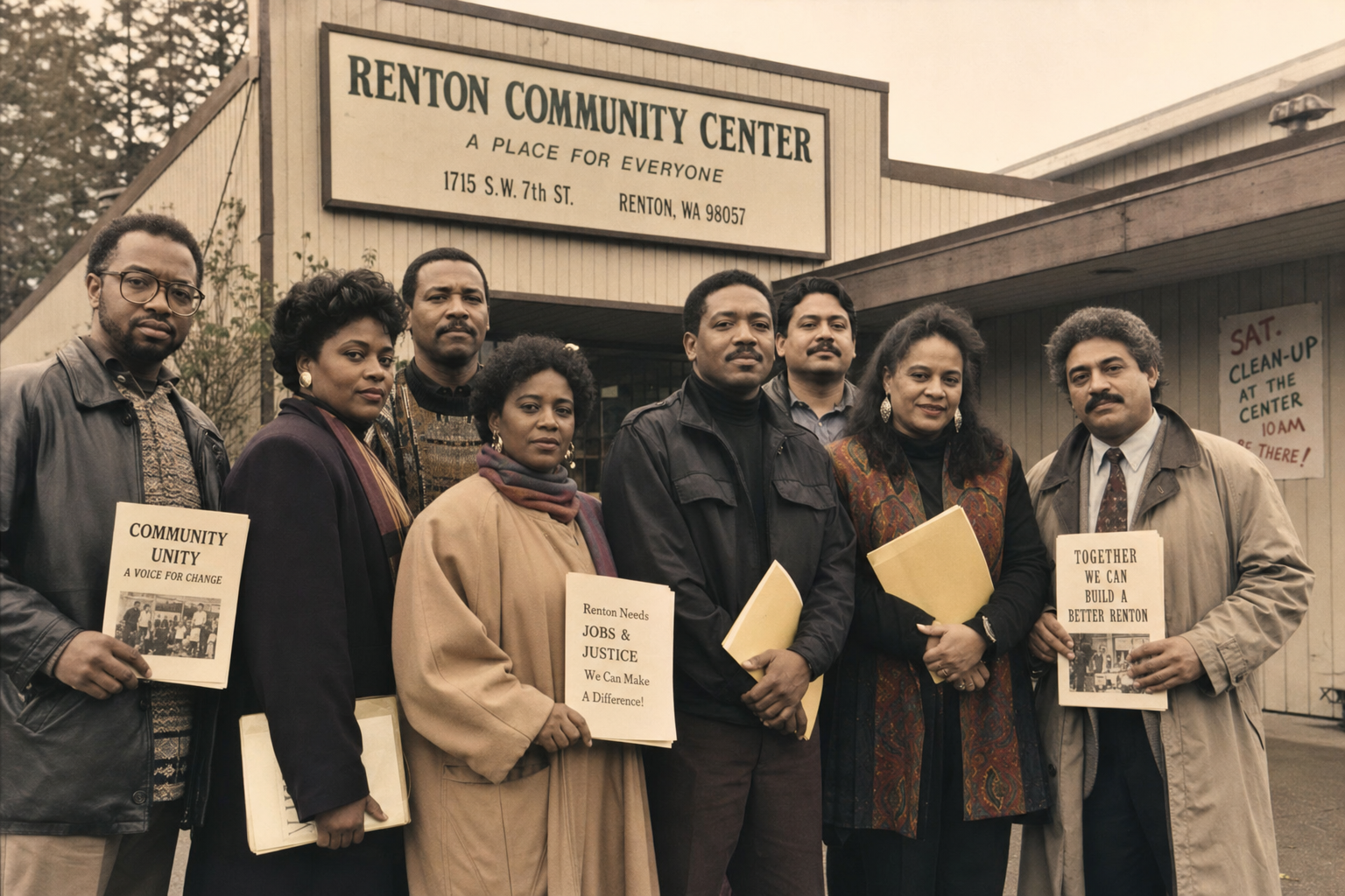 Community organizers in front of the Renton Community Center in the early 1990s, representing the founding spirit of Neighbors in Need