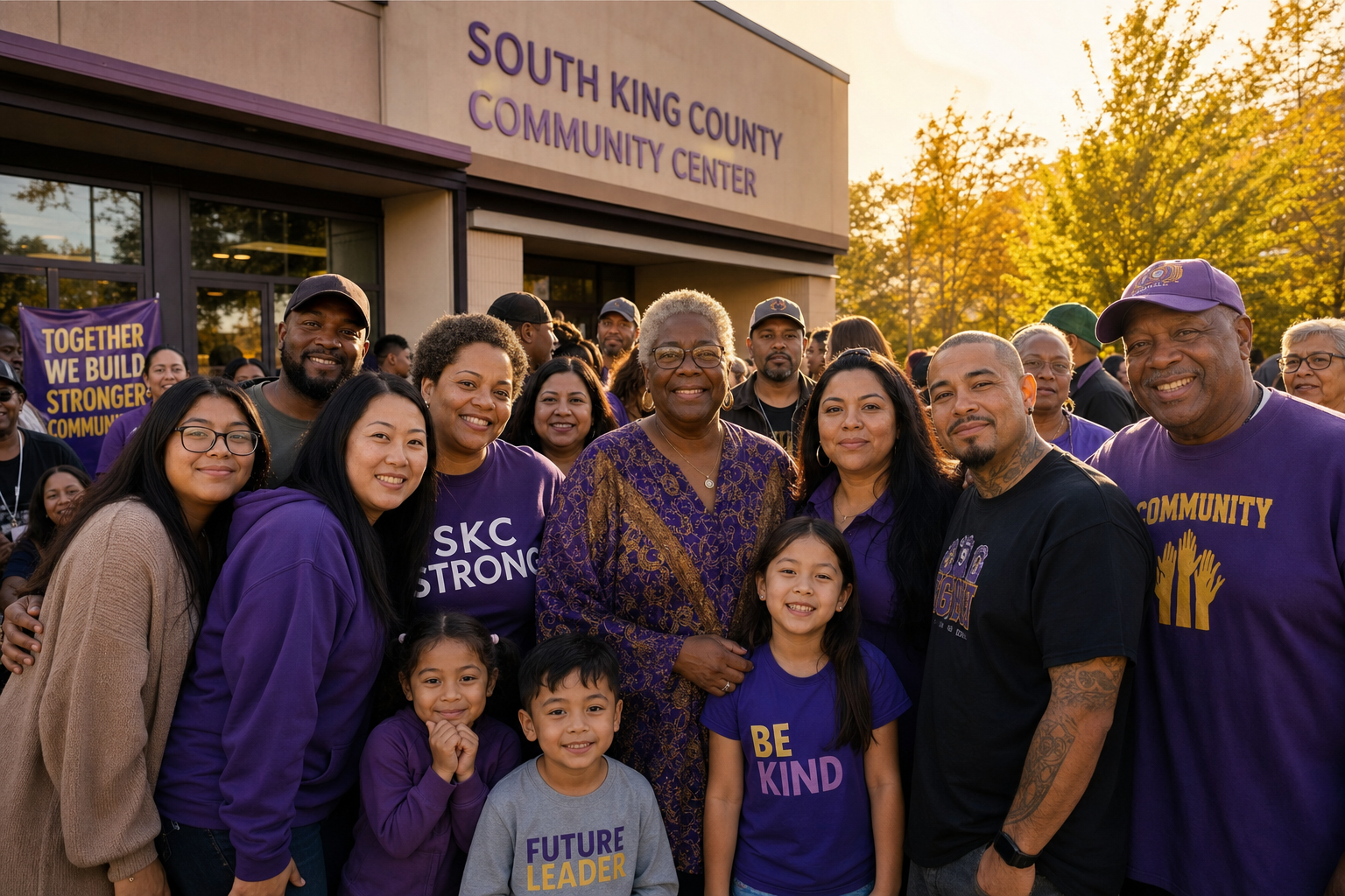 Diverse community members from across the Greater Puget Sound region, including King, Pierce, and Snohomish Counties gathered together outside a community center
