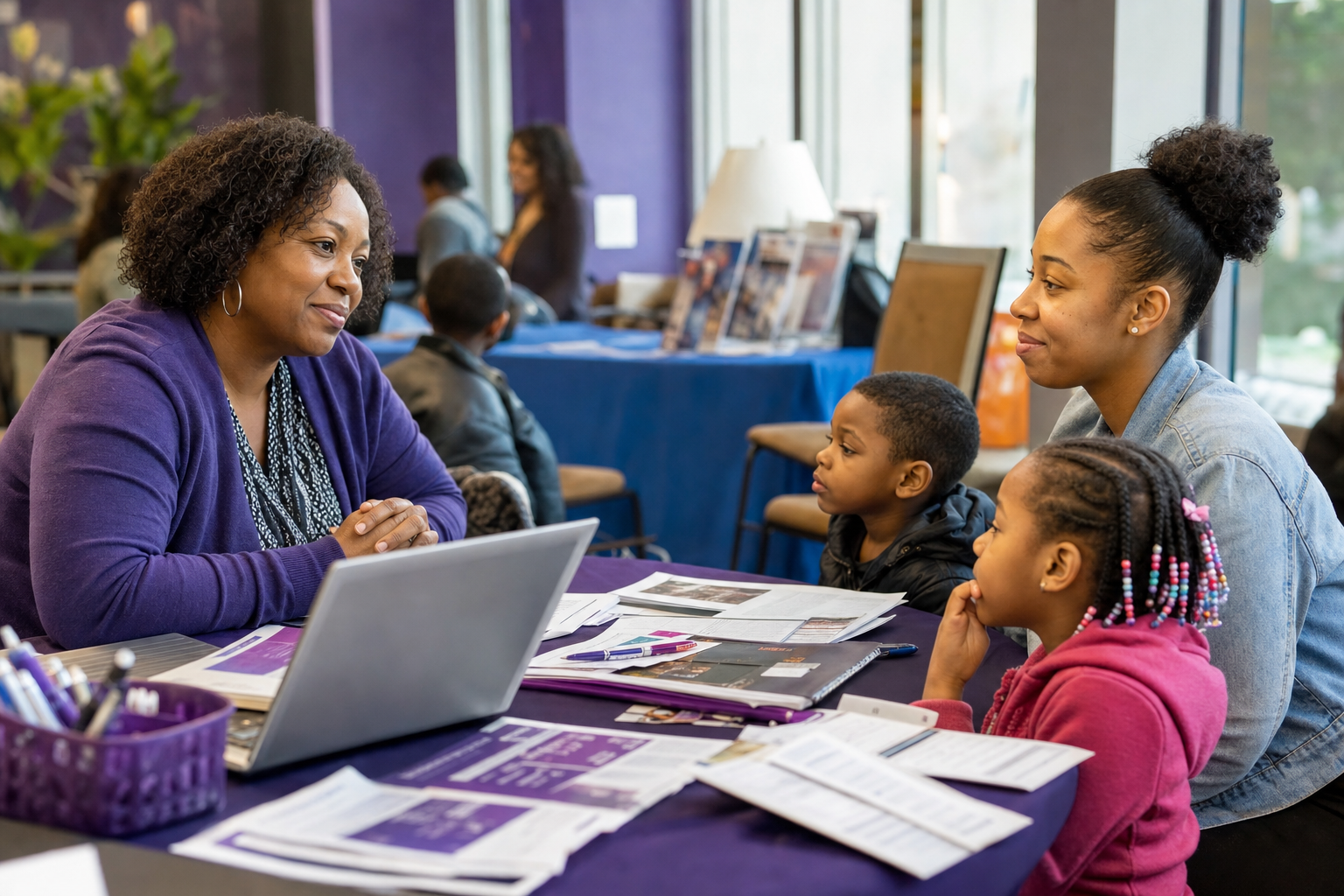 A caseworker provides compassionate one-on-one support to a mother and her two children at a community resource table
