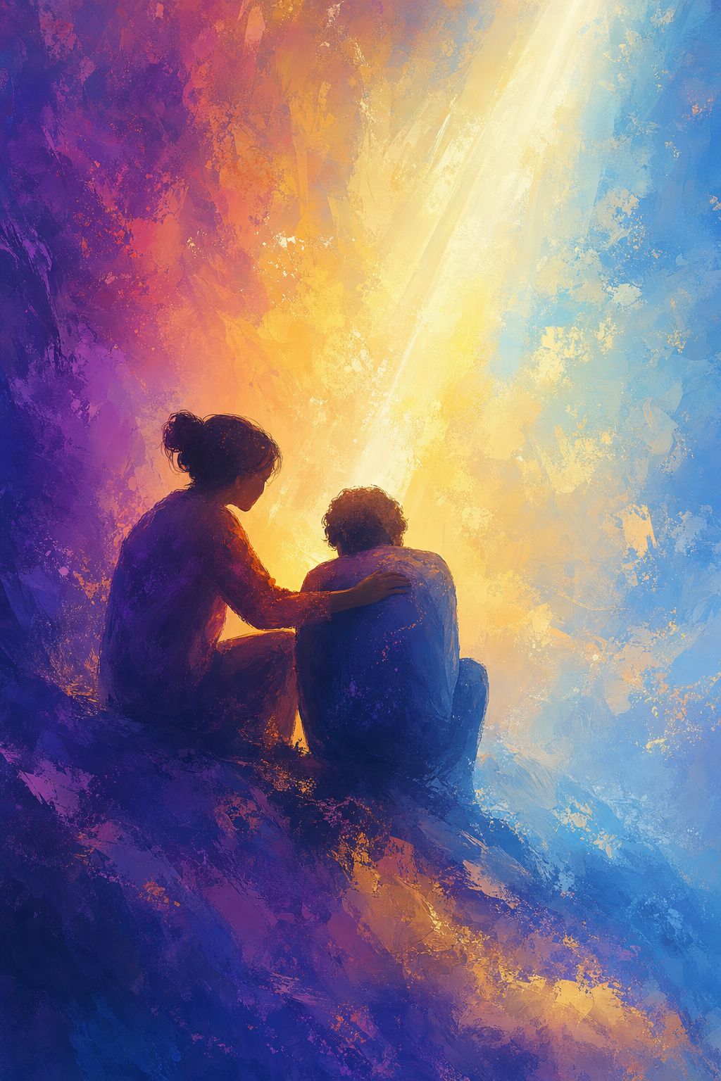 Abstract painterly artwork showing two silhouetted figures — one supporting the other — surrounded by warm healing light, representing compassionate support for gun violence survivors