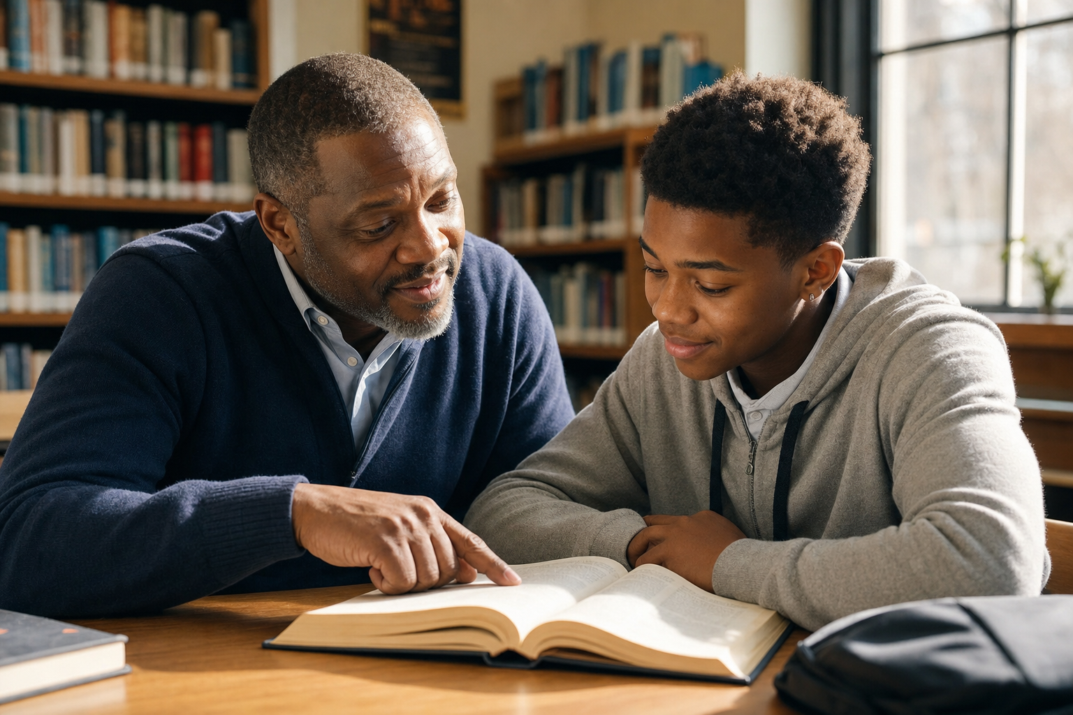 An older Black man mentor sits with a teenage boy at a library table, pointing to a book together — showing genuine mentorship and educational support