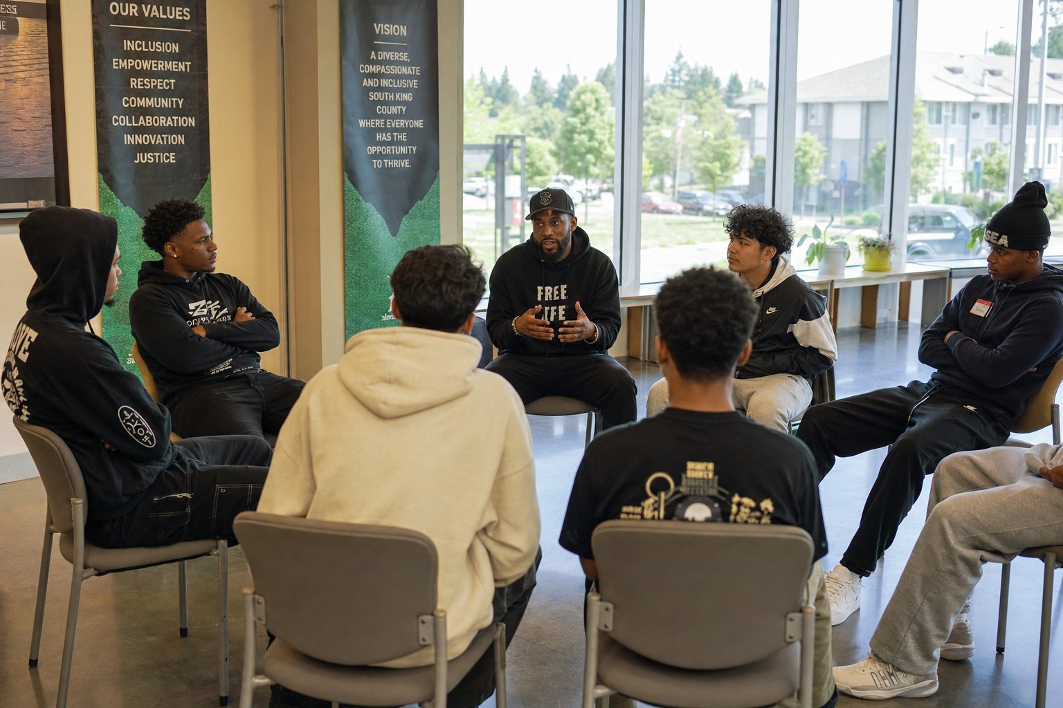 A facilitator leads a community peace circle with young men in communities across the Greater Puget Sound region, including King, Pierce, and Snohomish Counties, sitting in chairs in a circle at a community center — showing restorative violence prevention programming