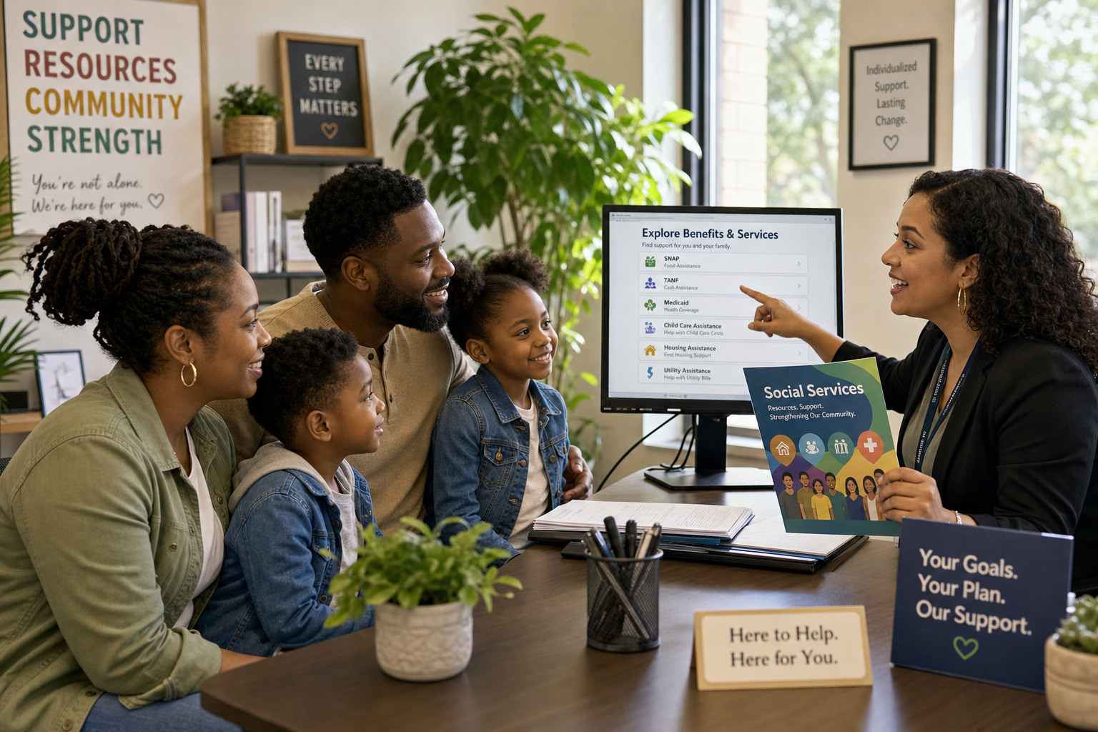 A family resource navigator guides a Black family through a screen showing social service benefit options, with the family looking engaged and hopeful