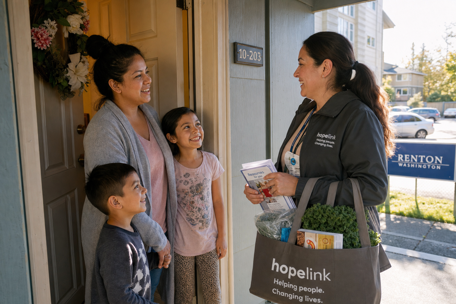 A social worker visits a Hispanic family at their doorstep in Renton, bringing resources and support materials — showing wraparound, home-based service delivery